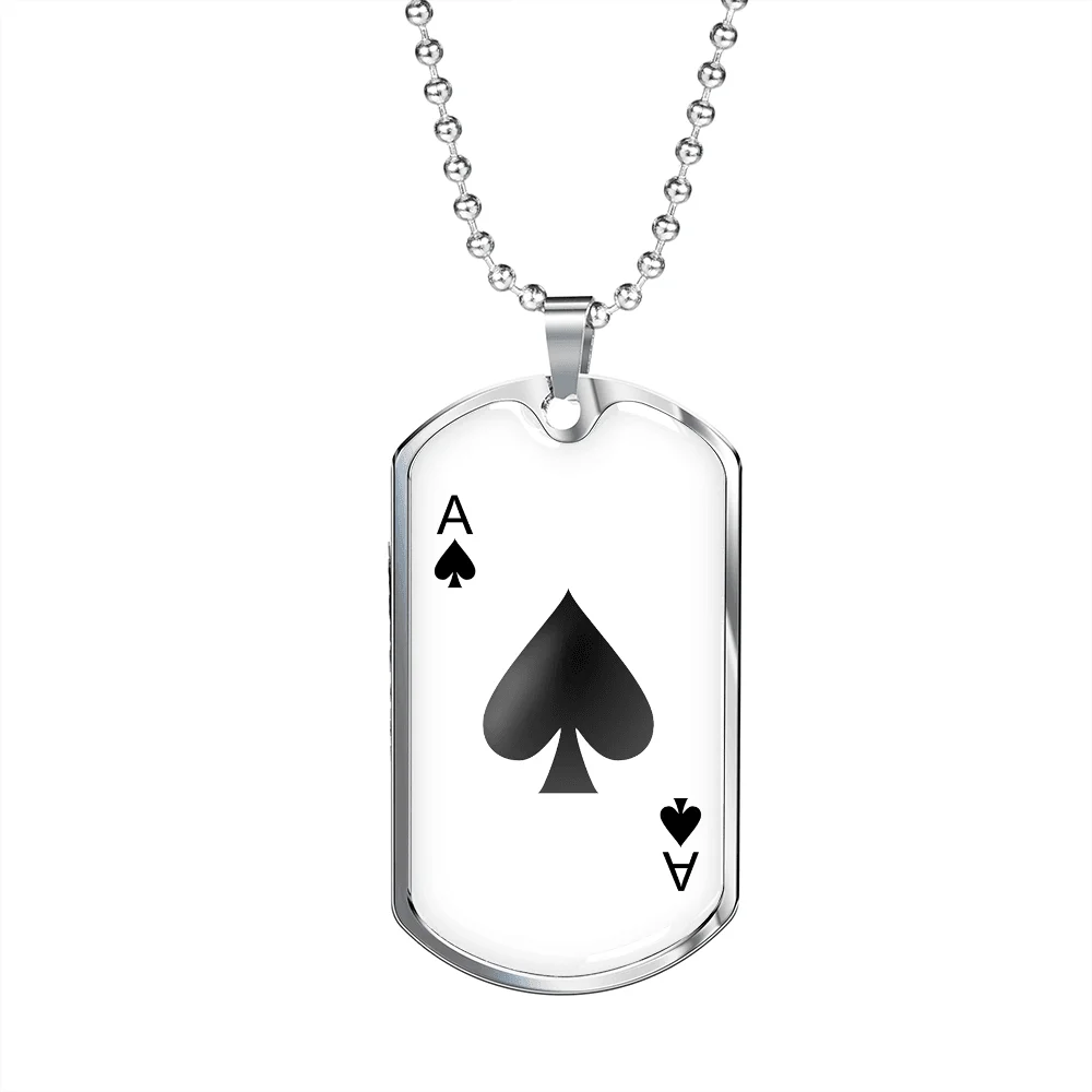 Ace of Spades White Gambler Necklace Stainless Steel or 18k Gold Dog Tag 24