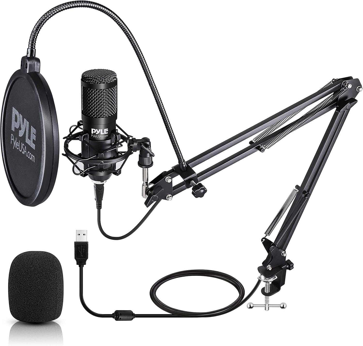 USB Microphone Boom Mic Kit - Audio Cardioid Condenser Mic w/Boom Arm Stand and Pop Filter - for Gaming PS4, Streaming, Podcast Kit, Studio, YouTube, Works w/Windows Mac PC - Pyle PDMIKT140, Black