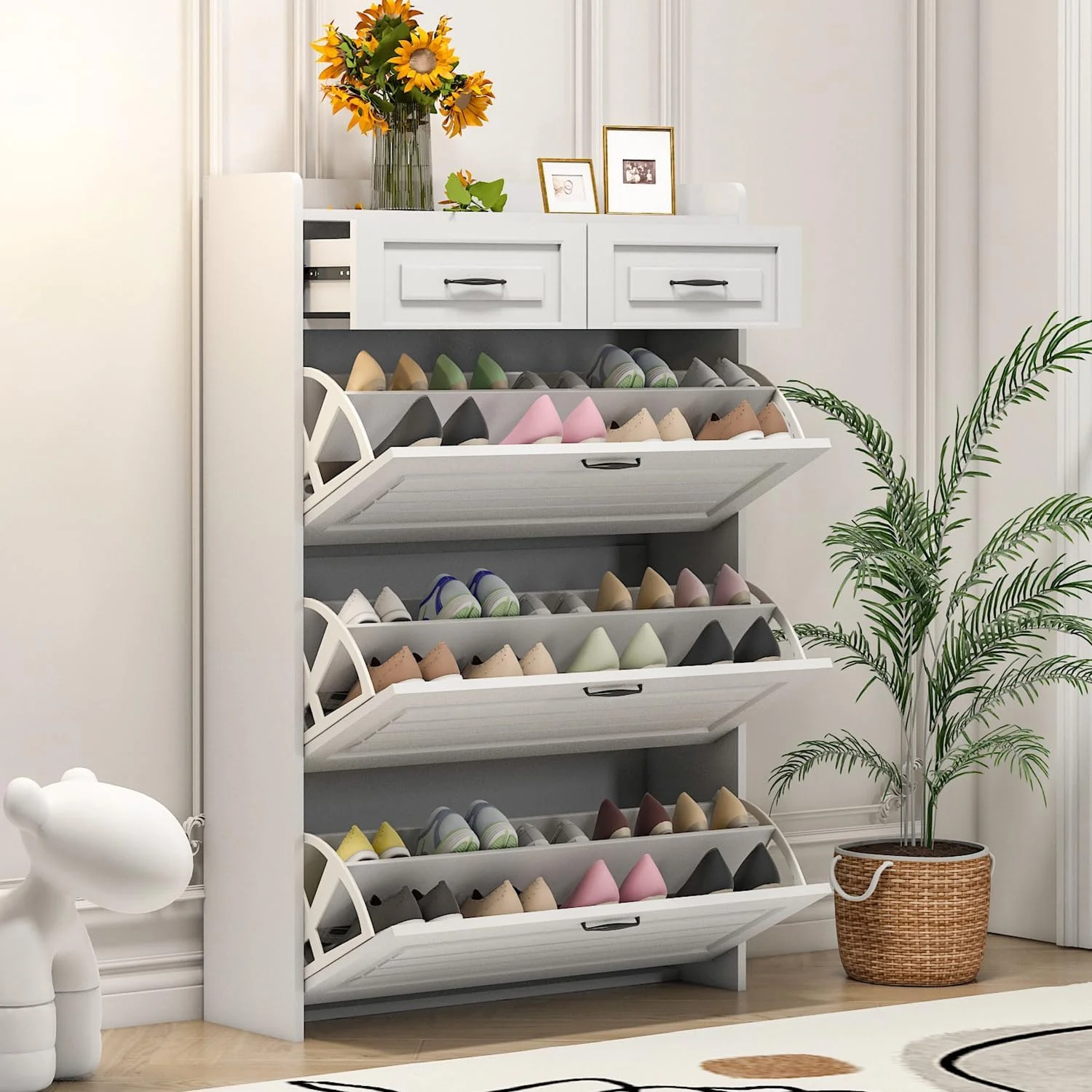 Shoe Cabinet with 3 Doors for Entryway Slim, Modern Shoe Storage Cabinet with 2 Drawers, Shoe Organizer for Entryway, Living Room