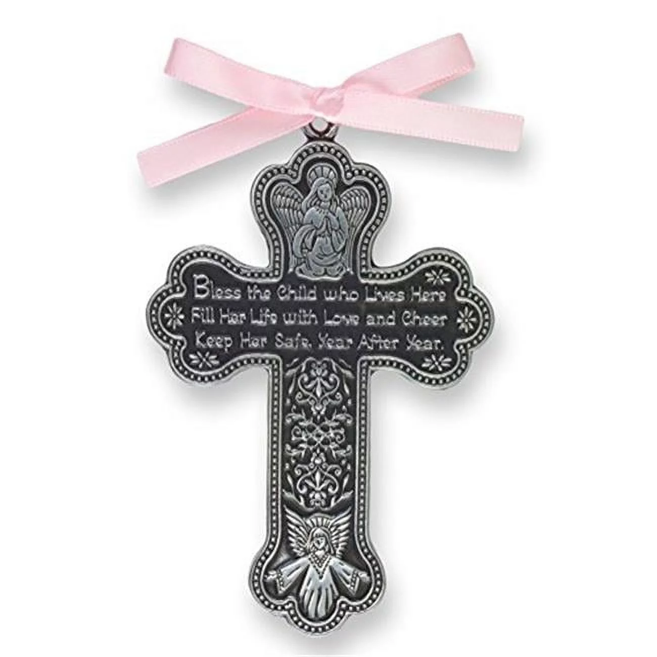 Crib Cross-Bless This Child with Pink Ribbon - Pewter