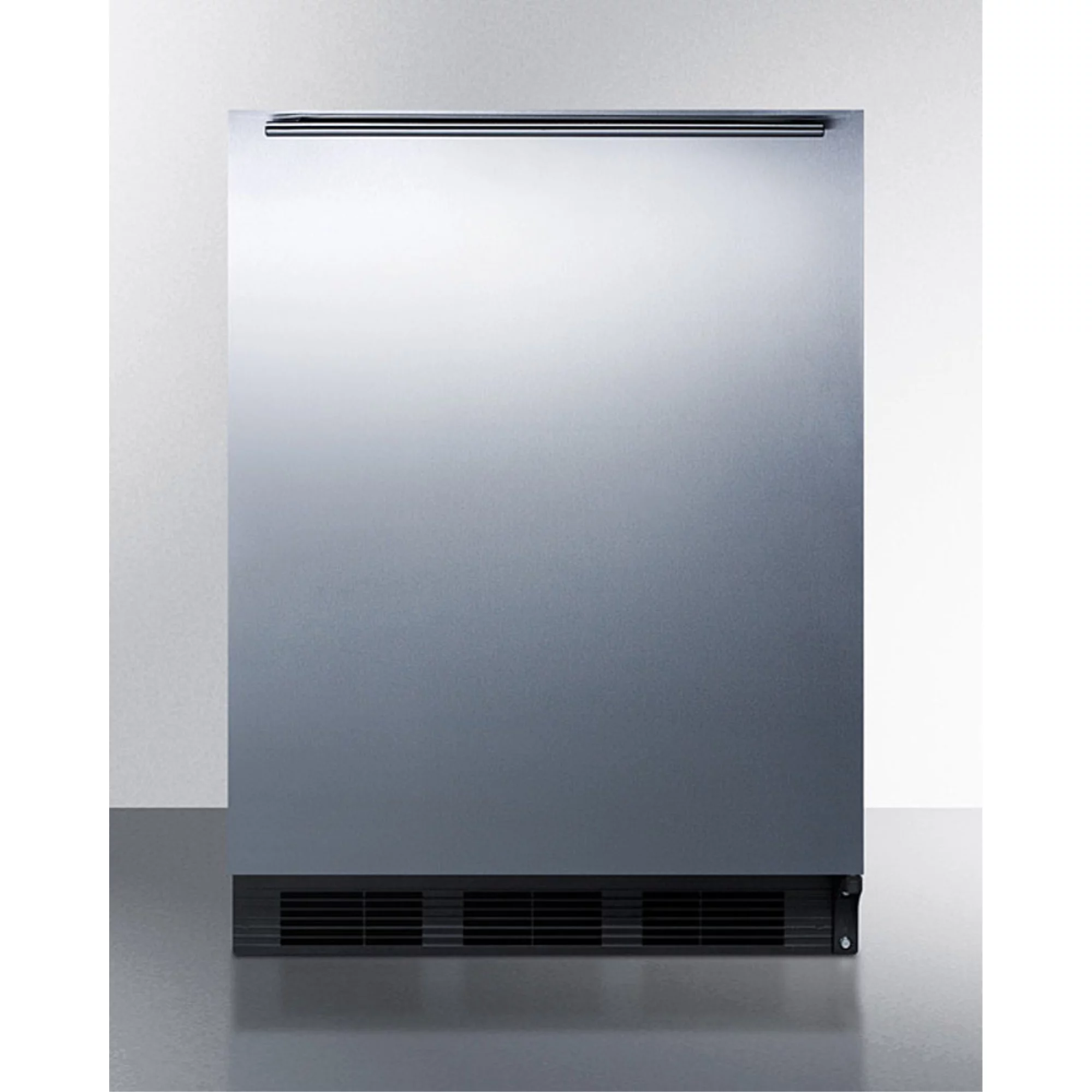 Built-in undercounter all-refrigerator for residential use, auto defrost with a stainless steel wrapped door, horizontal handle, and black cabinet