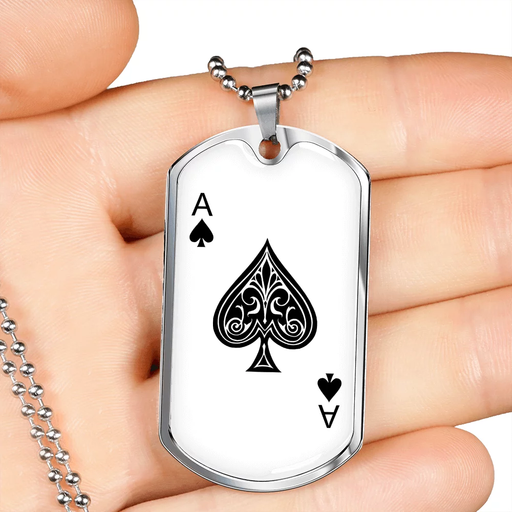 Ace of Spades Gambler Necklace Stainless Steel or 18k Gold Dog Tag 24