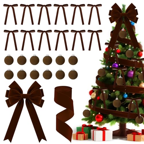 26 PCS Christmas Velvet Ornaments Decor Kit - Tree Toppers Bow, Ribbon, 12 Flocked Christmas Balls & 12 Vintage Bows for Wine Red Holiday Xmas Tree Decorations(Wine Red)