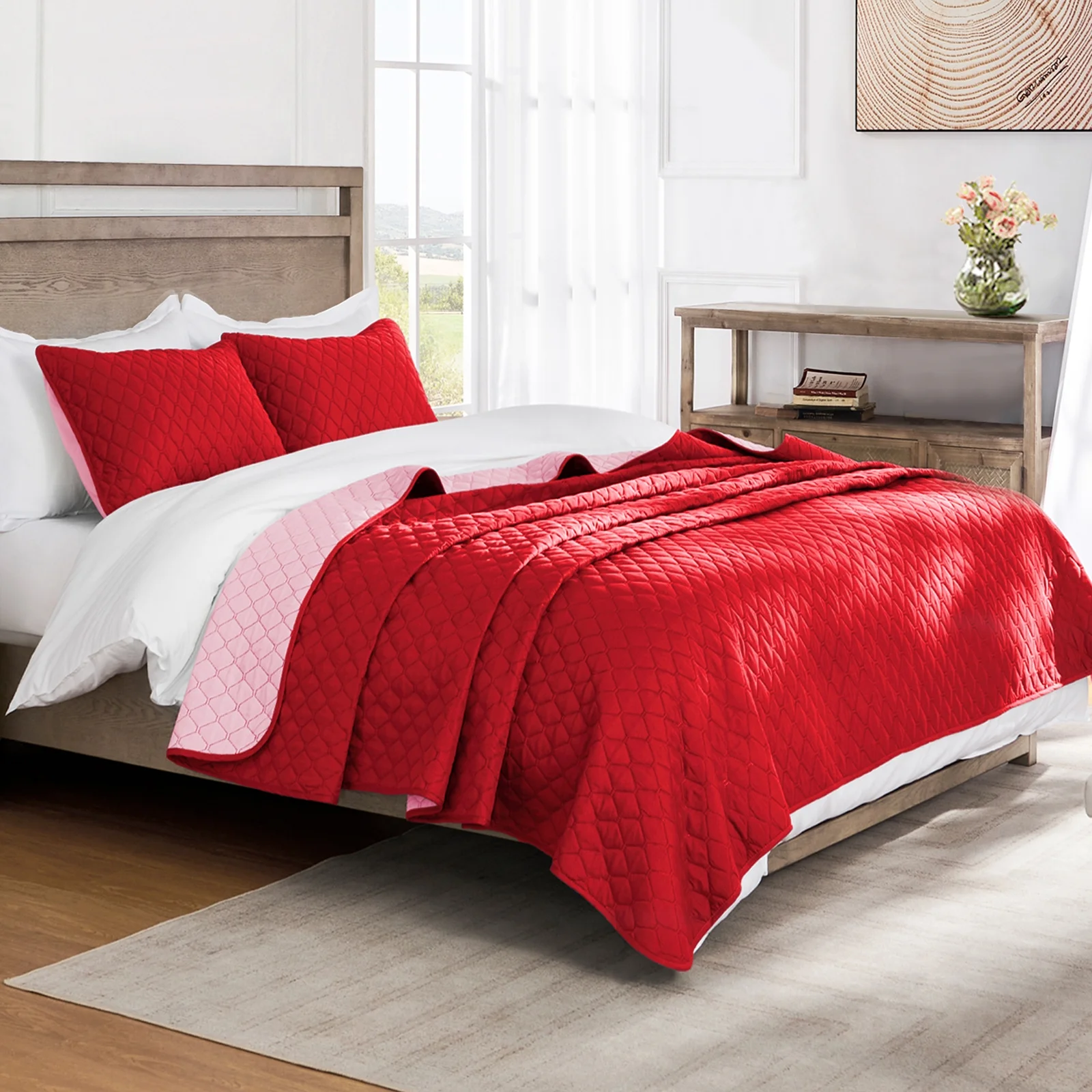 Exclusivo Mezcla Ultrasonic Reversible Twin Quilt Bedding Set with Pillow Sham, Lightweight Quilts Twin Size, Soft Bedspreads Bed Coverlets for All Seasons - (Red, 68