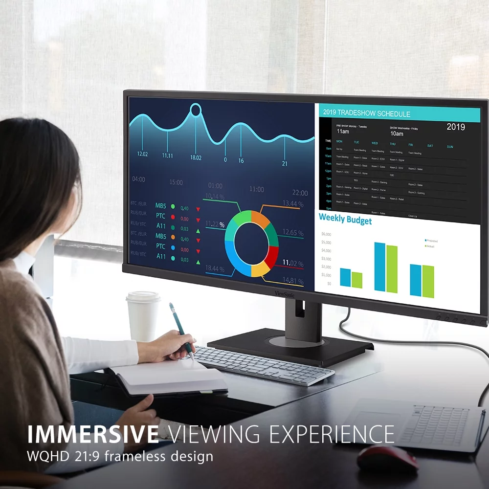 ViewSonic VG3456 34 Inch 21:9 UltraWide WQHD 1440p Monitor with Ergonomics Design USB Type C Docking Built-In Gigabit Ethernet for Home and Office