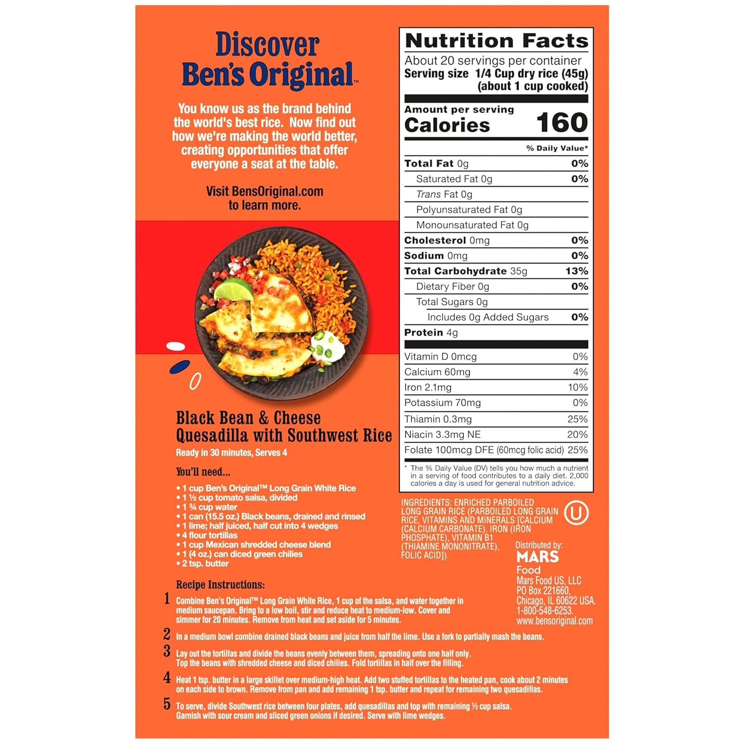 BEN'S ORIGINAL Converted Brand Enriched Long Grain White Rice, Parboiled Rice, 2 lb Box