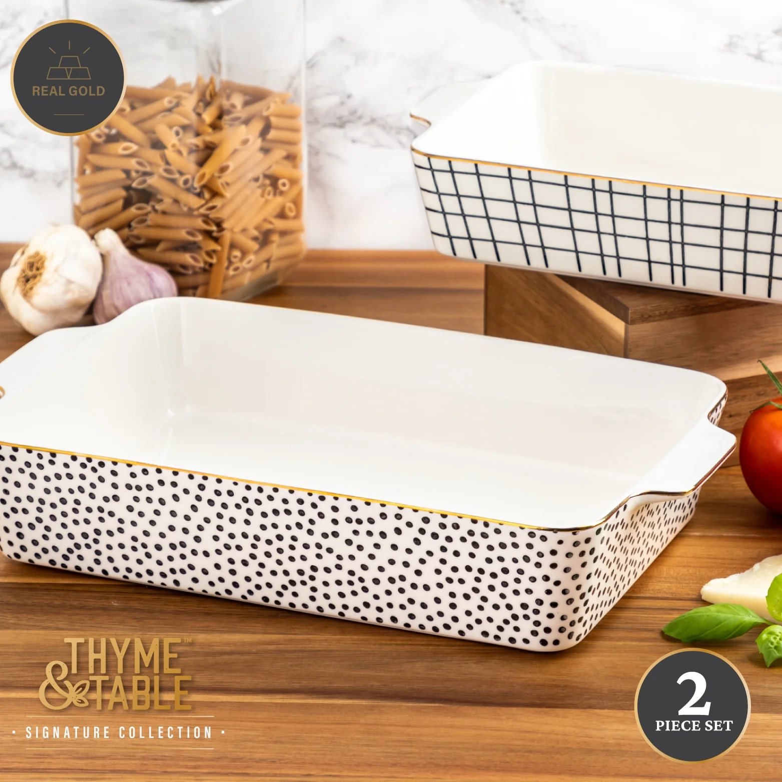 Thyme & Table Stoneware Rectangular Baker, Baking Dish, Black & White Dot, 2-Piece Set