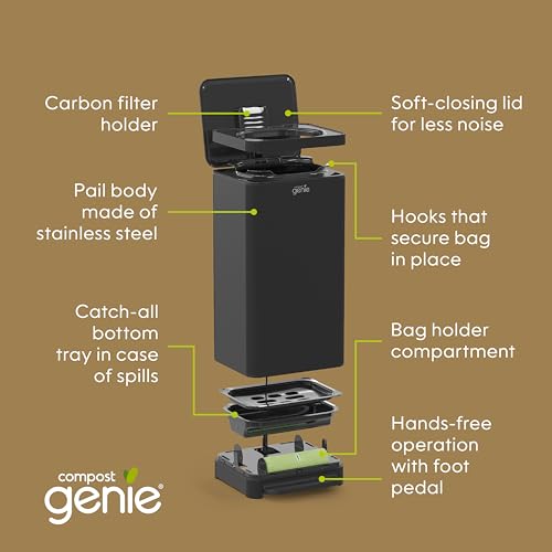 Compost Genie Kitchen Compost Bin, White Stainless-Steel Large