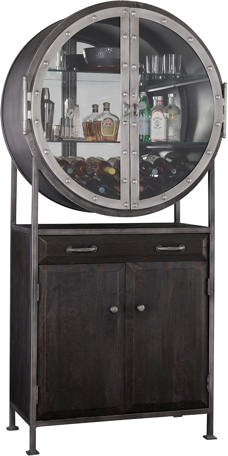 Howard Miller Rob Roy II Wine & Bar Cabinet 695-237 – Aged Mocha Finish, Aged Iron Finished Metal Frame, Home Liquor Storage, Metal Stemware Rack, 19-Bottle Wine Rack