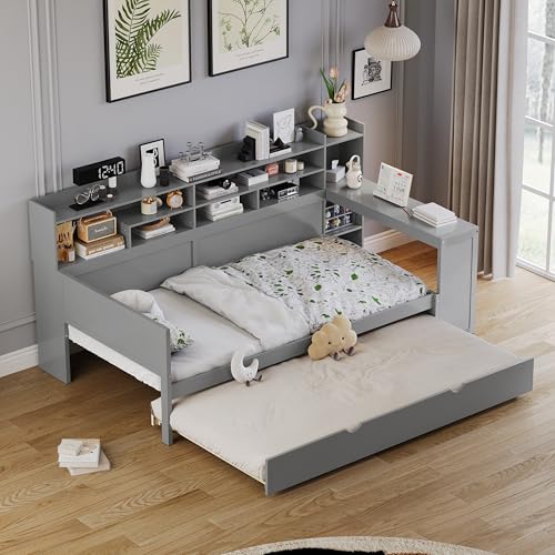 Bellemave Twin Corner Bed Frame with Storage Shelves and Desk, Wood Twin Size Daybed with Bookcase and Drawers and Storage, Gray