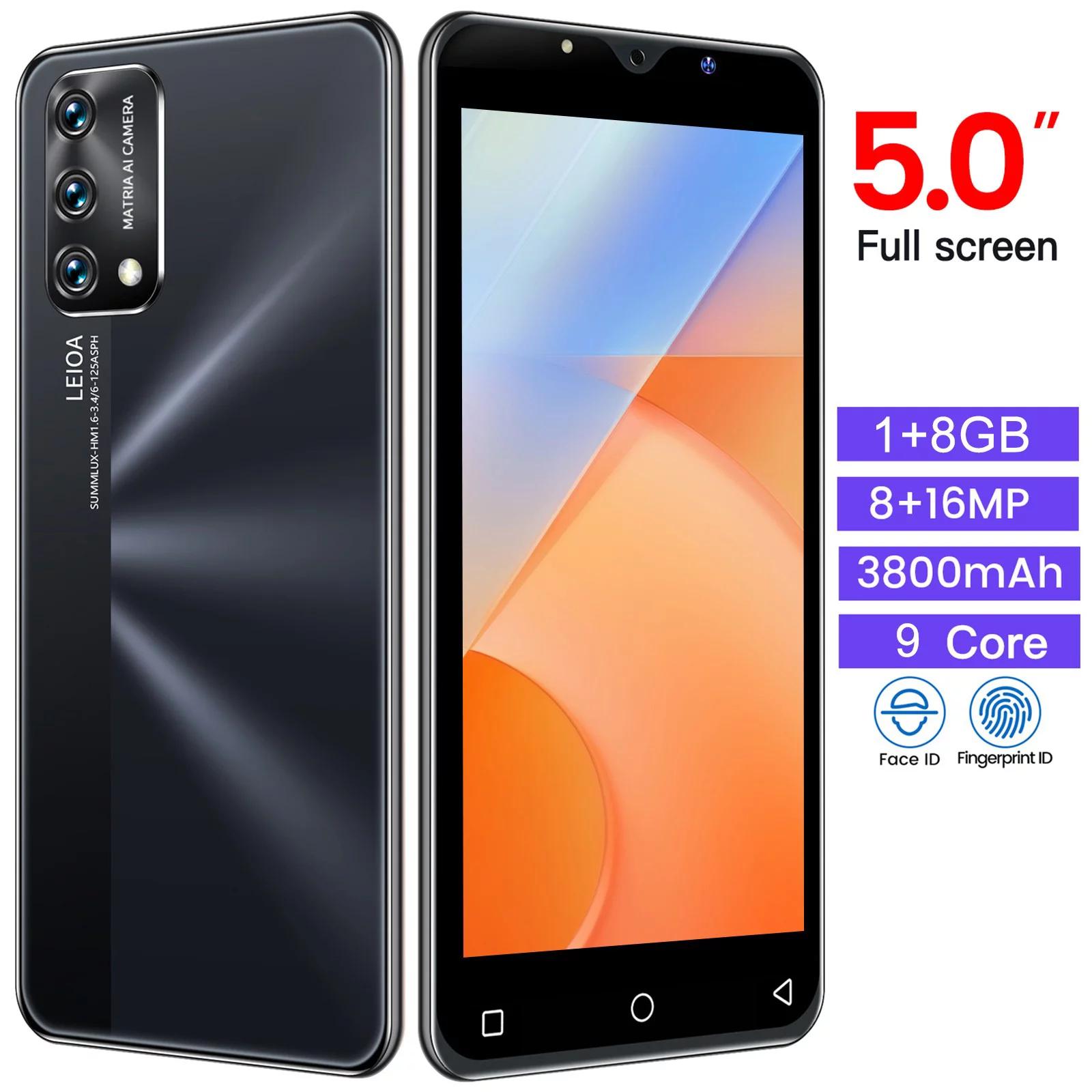 WANYNG Android6 1GB+8GB Unlocked Cell Phone Dual Sim 5in 3800mAh Unlocked Phone Face ID + Fingerprint GSM 3G Smartphones