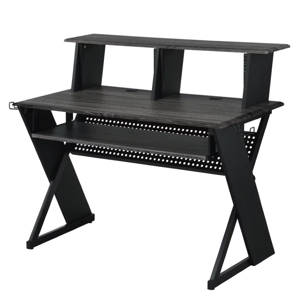 Tin 47 Inch Wood Music Desk Studio Station, Keyboard Tray, Shelves, Gray- Saltoro Sherpi