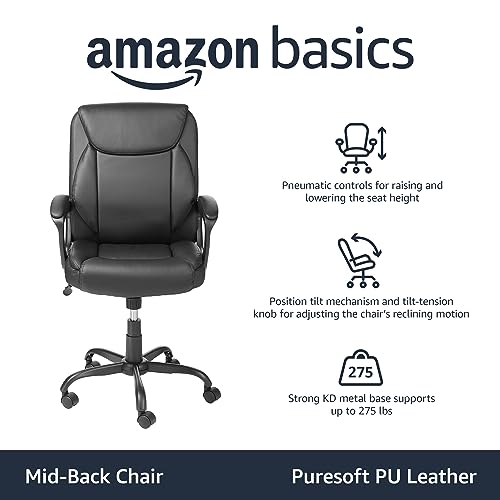 Amazon Basics Classic Puresoft PU Padded Mid-Back Height Adjustable Office Computer Desk Chair with Armrest, 26
