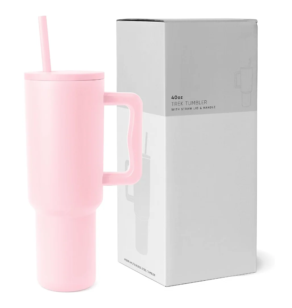 Simple Tumbler with Handle and Straw Lid Insulated Reusable Stainless Steel Water Bottle Travel Mug Cupholder 40oz-Pink