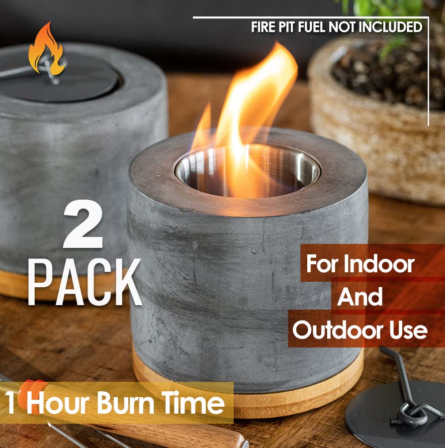 2 Pack Gardenix Decor Concrete Tabletop Fire Pit with Bamboo Base; Burns Ethanol and Multiple Fuels; 2 Extending Marshmallow Roasting Stick Forks; Table Top Fire Pit Bowl/Mini Tabletop Fireplace