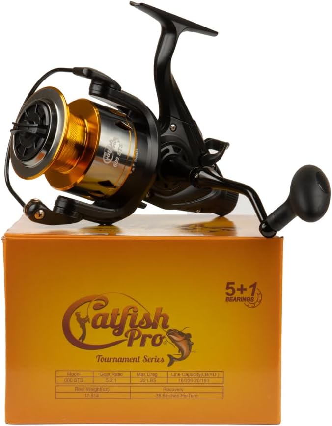 Catfish Pro Tournament Series Spinning Reel 600 STS - Pro-Grade Performance, 5.2:1 Gear, 22lb Drag, Front/Rear Drag, Live Liner, Aluminum Spool, Precision Brass Gears for Ultimate Angling Success!