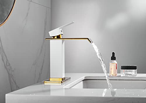 White Gold Faucet Bathroom Vessel Sink Golden Waterfall Spout Faucet Single Handle Bowl Sink Faucet Modern Single Hole Basin Vanity Tall Bathroom Sink Faucet with Pop Up Drain Stopper Supply Hose