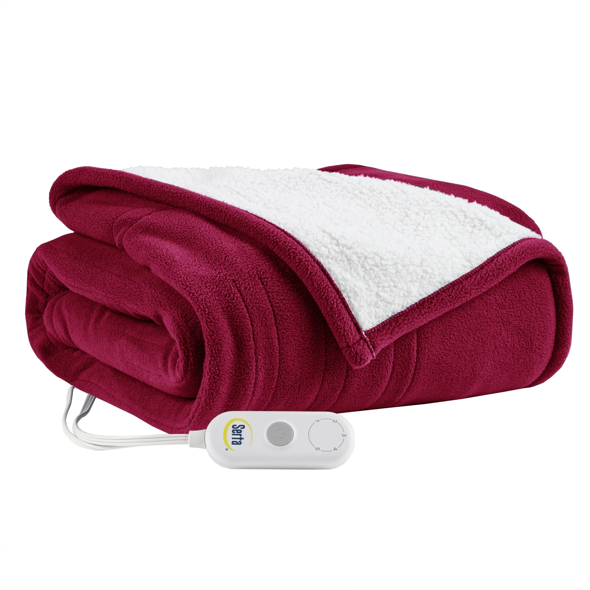 Serta Freya AZ Fleece to Sherpa 1-Piece Berry Red Reversible Fast Heating Throw, 50x60