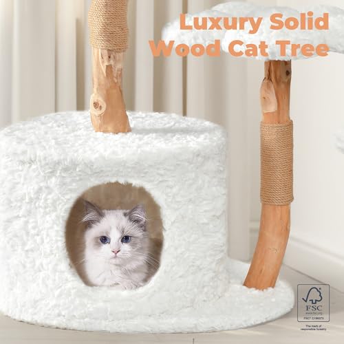 Modern Cat Tree, Wood Cat Tree Tower for Small Cats, Luxury Cat Condo with Scratching Posts and Flower Platforms, Cat Furniture by Easyego, (White)