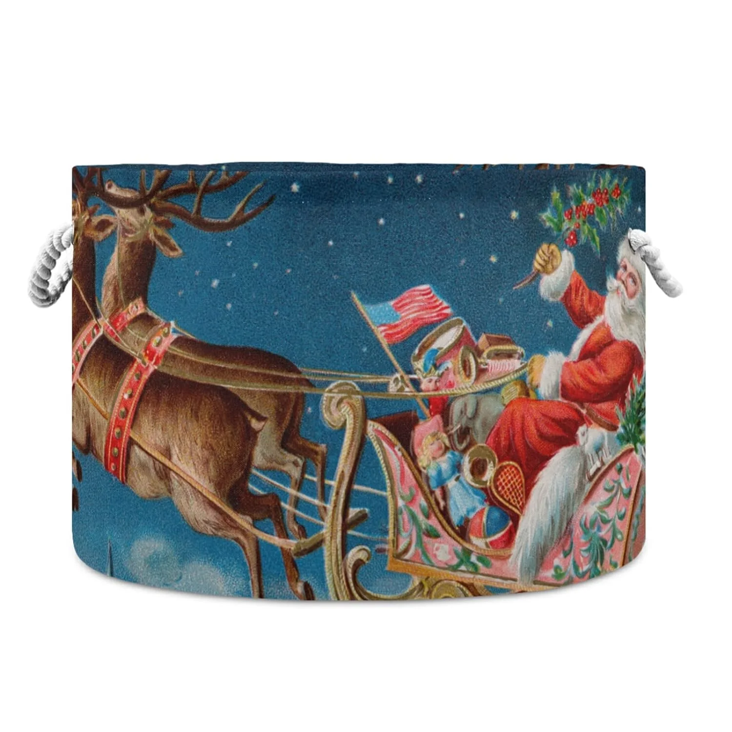 Wellsay Merry Christmas Eve Santa Elk Deer Storage Basket Gift Baskets Large Collapsible Laundry Hamper with Handle, 20x20x14 in