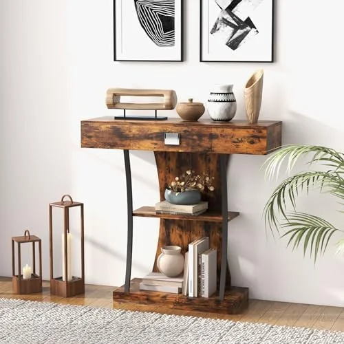 LNboomLife Console Table with  Drawer ; Shelves  3-Tier Narrow Sofa Table  Behind Couch Table  Modern Foyer Table  Small Entryway Table for Living Room  Hallway (Rustic Brown)
