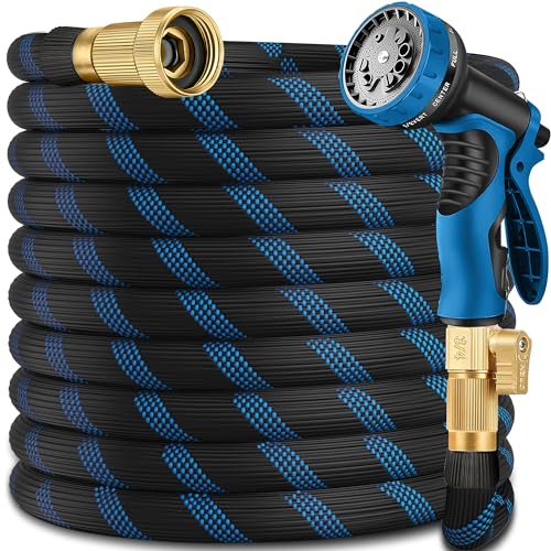 Garden Hose 50 ft -Heavy Duty Water Hoses - Flexible&Lightweight Car Washing Pipe with Stainless Steel Strain Reliefs,Kink-free Rubber Hoses with Spray