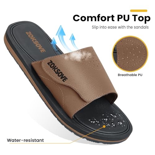 Slides for Men - Adjustable Slide Sandals Slip On- Open Toe Memory Foam Beach Sandals - Comfortable Summer Footwear for indoor/outdoor - Black 7