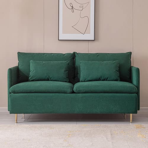 Mid-Century 2-Seat Loveseat Couch, Love Seats Furniture Cotton Linen Fabric and Gold Metal Legs, Small Sofa for Living Room, Bedroom, Apartment Small Spaces, 63 inch Green