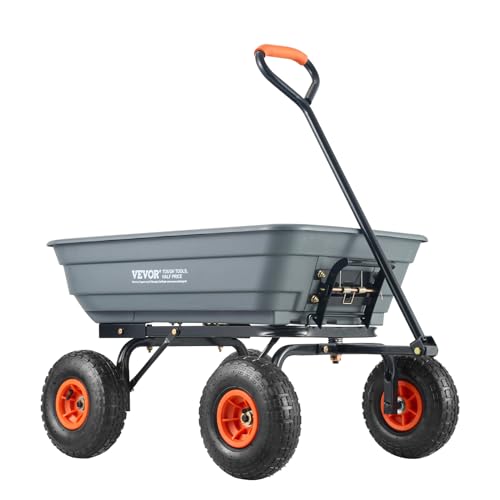VEVOR 4 Cu.Ft. 600lbs Poly Garden Cart Dump Wagon, Heavy Duty Yard Dump Cart Wagon, 4 Wheel Wheelbarrow with 10in All Terrain Wheels, Steel Frame and Quick Release System, Gray