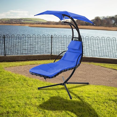 Hanging Chaise Lounger with Removable Canopy Outdoor Indoor Hammock Swing Chair with Cushion Built in Pillow, Curved Zero Gravity Chaise Lounge Chair for Patio Porch Poolside (Navy)