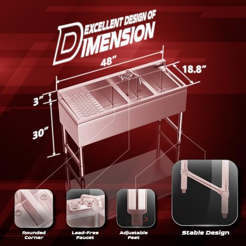 DuraSteel 3 Compartment Under Bar Sink - CEC & NSF 304 Stainless Steel 3 Bay Utility Sink with No Lead Faucet - 60