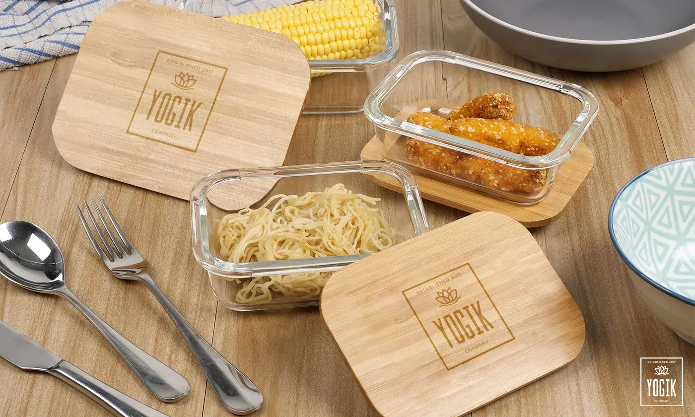 YogiK Set of 4 Rectangular Glass Food Storage Containers with Eco-Friendly Bamboo Lids - Plastic Free - Phthalate Free - LFGB Approved – FDA Approved - Ovenproof Glass up to 520 degree C