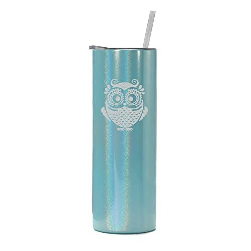 20 oz Skinny Tall Tumbler Stainless Steel Vacuum Insulated Travel Mug Cup With Straw Owl Vintage (Light Blue Iridescent Glitter)