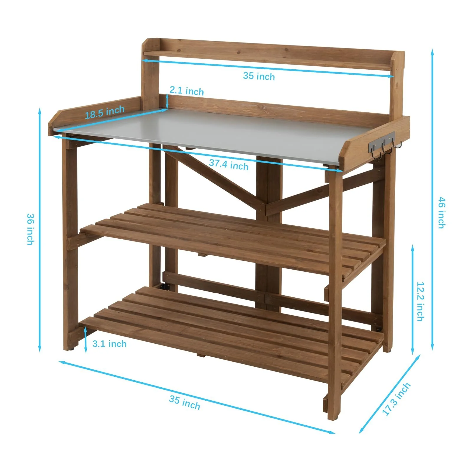 PETSCOSSET Folding Potting Bench Table Outdoor Potting Bench Garden Wooden Potting Table,Fir Wood Workstation Planting Table with Galvanized Tabletop 2 Tier Storage Shelves,Top Shelf