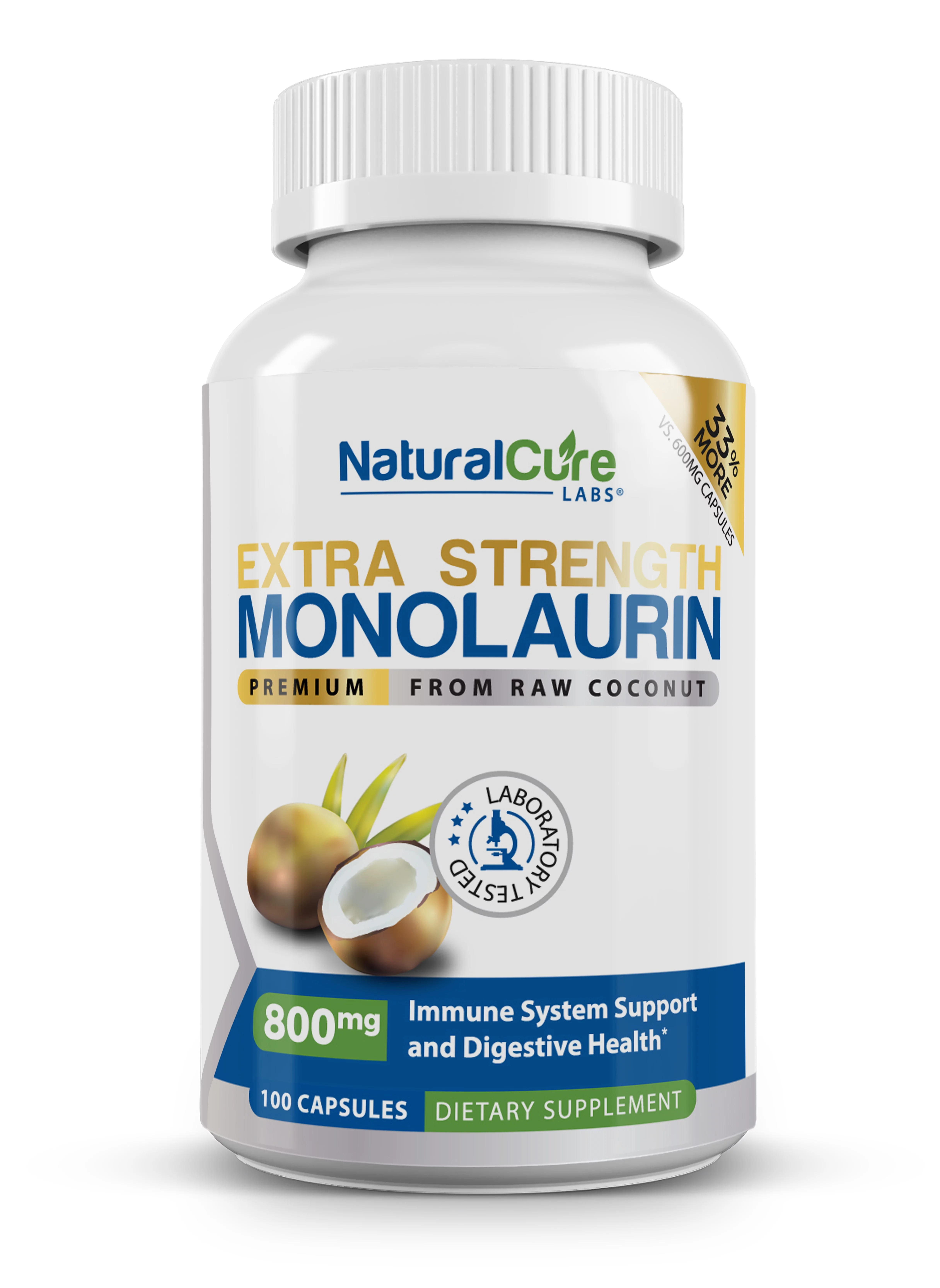 Natural Cure Labs Extra Strength Monolaurin from Lauric Acid, 800mg Per Capsule, 100 Count |  Vegan, Non-GMO, & Gluten Free Supplement, 1600mg Per Serving
