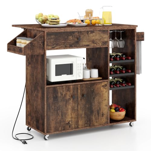 Giantex Rolling Kitchen Island Cart with Drop Leaf, Power Outlet, Spice Rack, 12 Wine Rack, Glass Holder, Drawer, Storage Cabinet, Towel Rack, Island Table for Breakfast Coffee Bar (White & Natural)