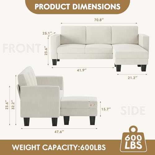 YESHOMY L-Shaped Convertible Sectional Sofa 3 Seater with Corduroy Fabric, Complete with Mobile Footrest, for Living Room, Apartment and Office, 70