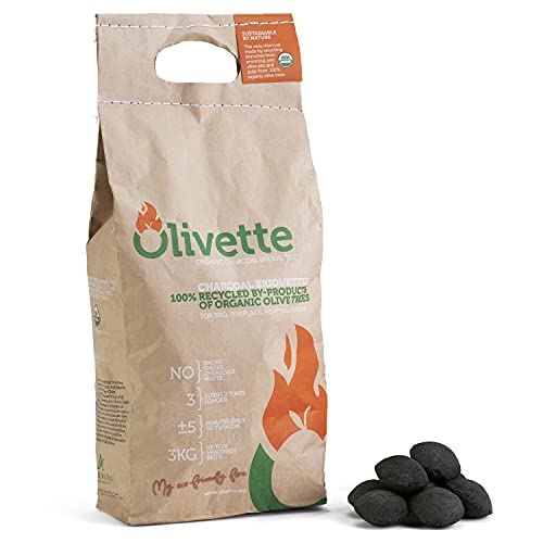 Organic Charcoal Briquettes by Olivette, Reusable Charcoal for Grilling, USDA Certified, Recycled Olive Tree Byproduct, Ready to Light, 6.6 lb. Bag Equal to 20 lb. of a Regular Charcoal, 2-Bag Pack