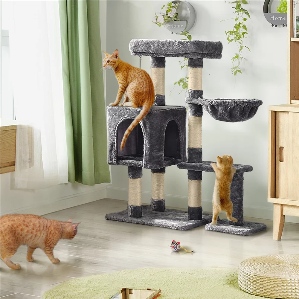 Easyfashion 4-Level Plush Cat Tree Cat Pet Scratching Stand with Condo, Dark Gray