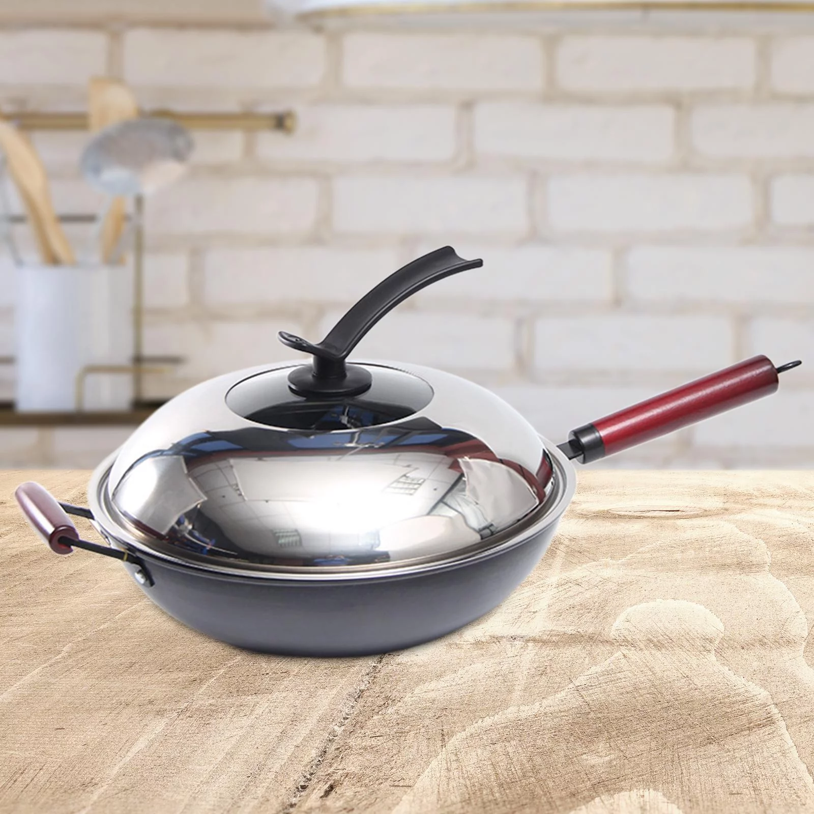 Kitchen -coated Wok with Lid Skillet Frying Pan with Cover IH Compatible Gas , as the picture, 30cm