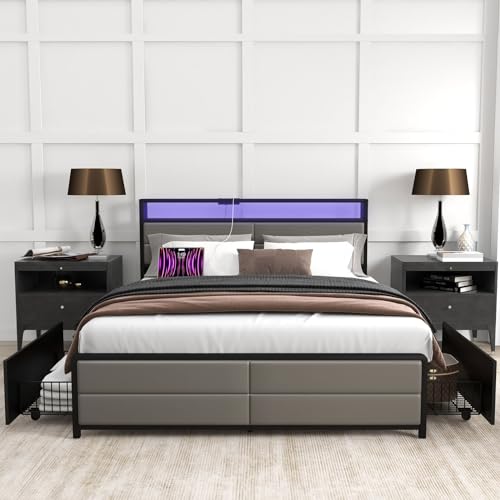 Bonzy Home Full Size Bed Frame with 4 Storage Drawers and USB Port, Platform Bed Frame with Lights, Strong Metal Slats Support, No Box Spring, Non-Noise, Mattress Foundation, Grey