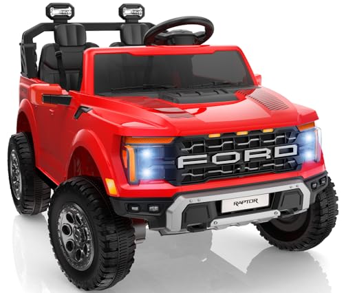First Ride On 24V Kids Ride On Truck, Licensed Ford F-150 Raptor 2 Seater Electric Car w/Remote Control, Toddler Ride On Car Toys w/LED Lights, Bluetooth, Music, Truck Bed Storage, Soft Start (White)