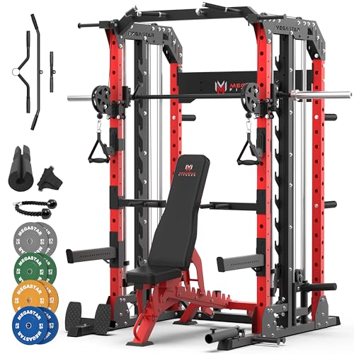 Smith Machine Home Gym with Aluminum Pulley Set - 2000lbs Capacity All-in-One Power Rack with Cable Crossover, Pull-Up Bar & Dip Station, Includes 18 Attachments, P107 Anvil