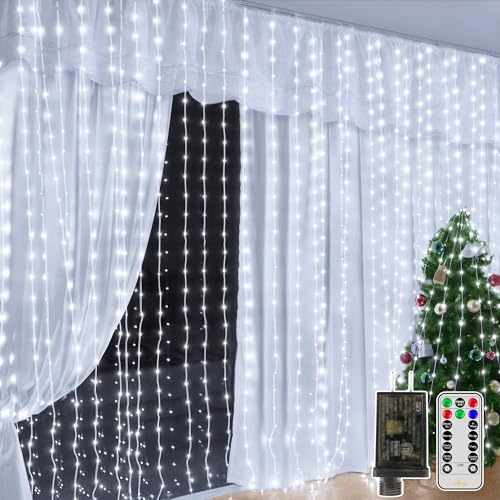 Ollny Christmas Curtain Lights 300 LED 9.8 FTx9.8 FT, Outdoor Waterproof Curtain String Lights with Remote Timer 8 Modes, USB Waterfall Window Lights for Wall Backdrop Home Decorations (Warm White)