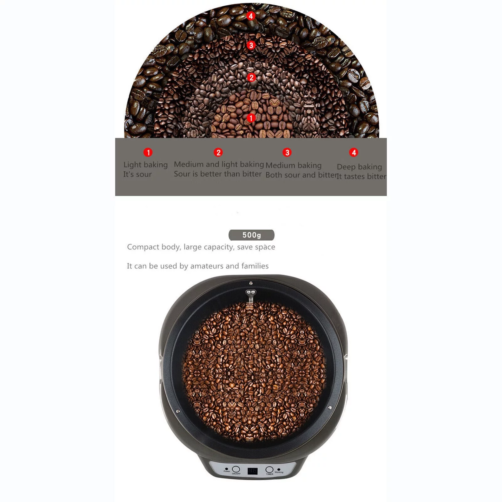 Electric Timed Auto Coffee Beans Roaster Home Coffee Roasting Baking Machine