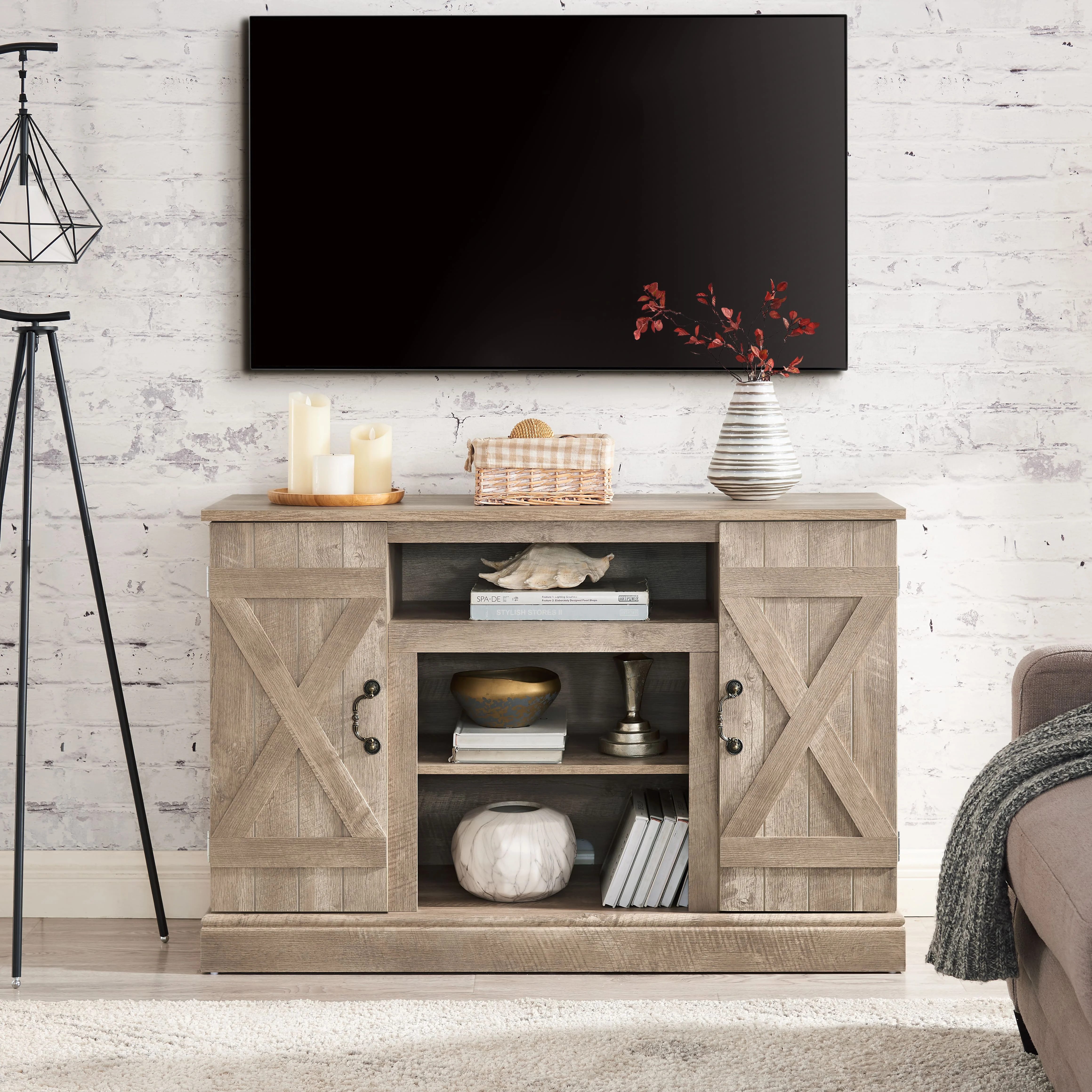 Greenpod Farmhouse TV Stand with for TVs up to 50″ , Antique TV Console Table Entertainment Center for Living Room, Ashland Pine