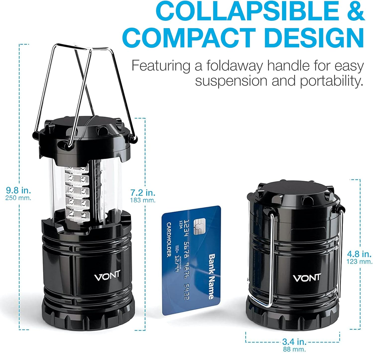 Vont 4 Pack LED Camping Lantern, LED Lanterns, Suitable Survival Kits for Hurricane, Emergency Light for Storm, Outages, Outdoor Portable Lanterns, Black, Collapsible, (Batteries Included)