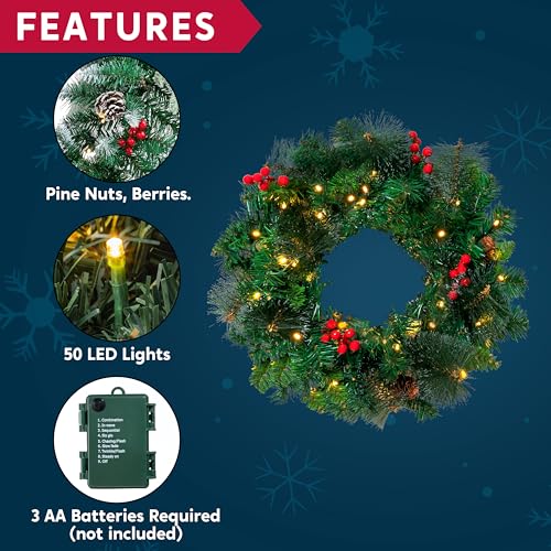 Joiedomi 20” Artificial Christmas Wreath Prelit with 15” Hanger, Decorated with 50 LED Lights, Red Berries, Pine Cones Glitter Pine Needles for Front Door Wall Christmas Decorations (Battery Operated)
