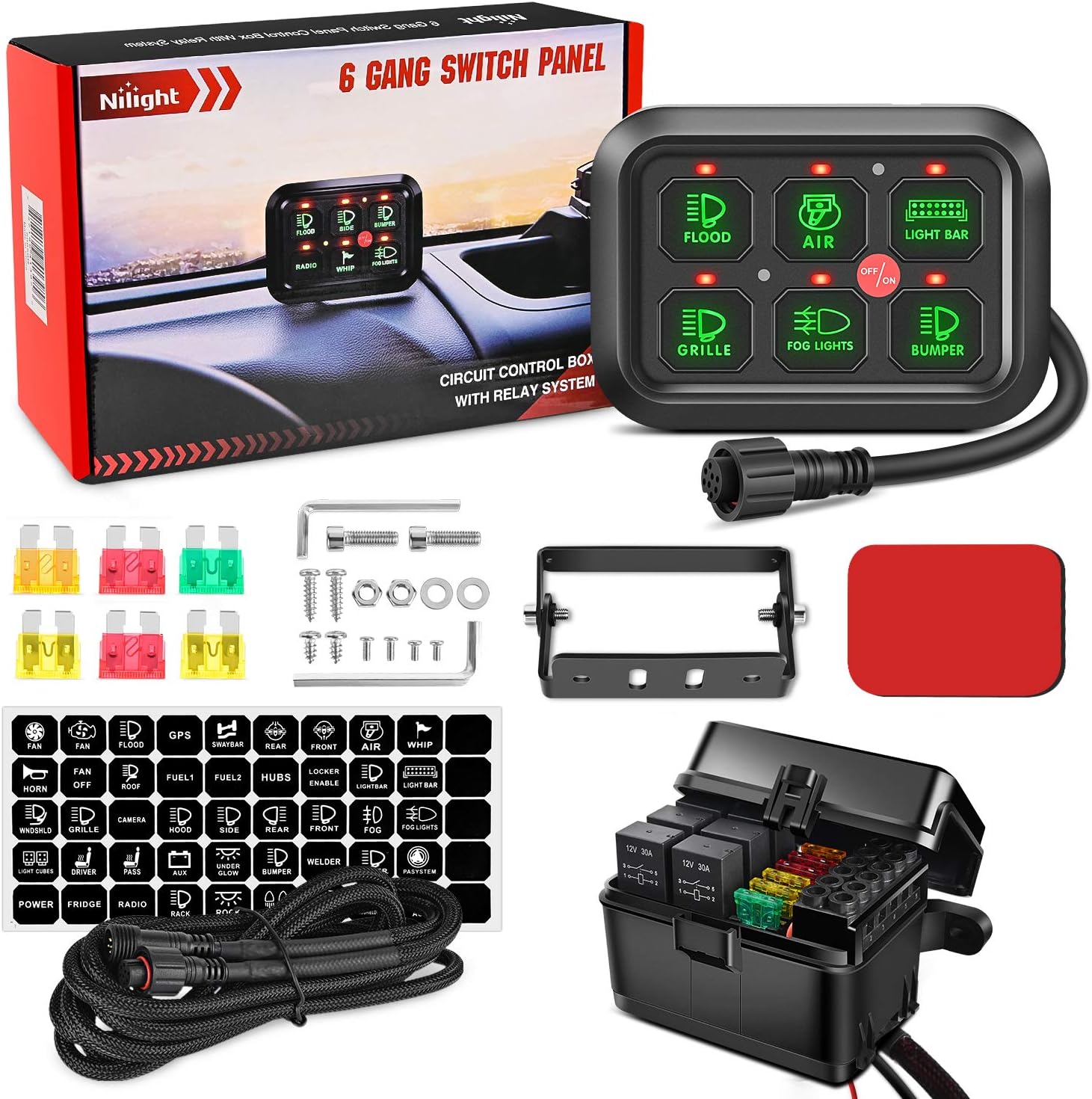 Nilight 6 Gang Switch Panel Universal Circuit Control Relay System with Fuse Wiring Harness Automatic Dimmable ON-Off LED Switch Pod for Cars Trucks Boats ATV UTV SUV, 2 Years Warranty