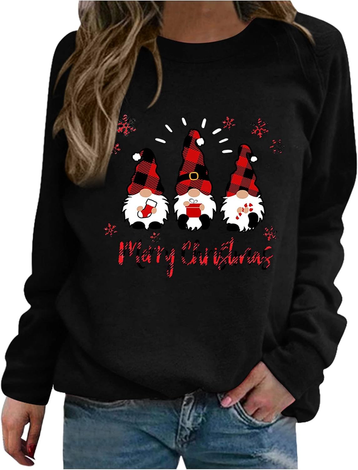 Women's Cute Christmas Sweater Sweatshirt Plus Size Crewneck Ugly Christmas Plaid Gnome Printed Pullover Shirt Long Sleeve Fuzzy Xmas Tops Cute Sweatshirts Black XL